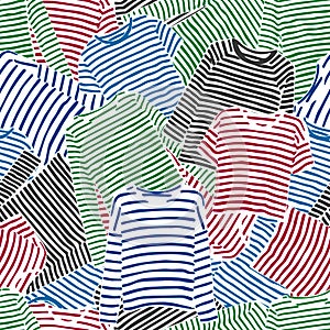 Hand drawn blue, red and green striped longsleeve t-shirts seamless pattern.