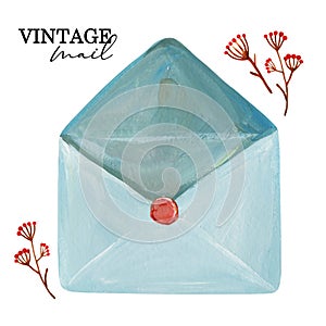 Hand-drawn blue vintage paper envelope with red seal and decorative ashberry