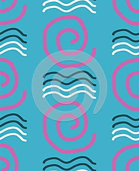 Hand Drawn Blue Waves and Spirals Seamless Pattern. Repeating graphic design. Hand drawn elements