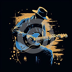 Hand-drawn Blues Musician T-shirt Graphic On Black Background