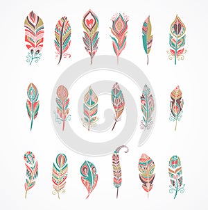 Hand drawn bohemian, tribal, ethnic feathers. Colorful set