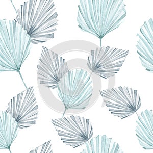Hand drawn boho blue floral seamless pattern watercolor of tropical palm leaves.