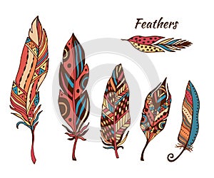 Hand drawn boho feathers vector collection. Set of doodle ethnic color feathers. Cute zentangle feather
