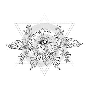 Hand drawn boho tattoo. Blackwork flower in hipster triangles