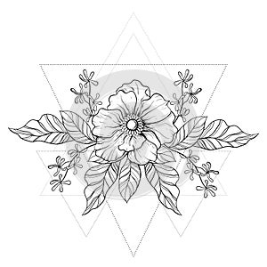 Hand drawn boho tattoo. Blackwork flower in hipster triangles fr photo