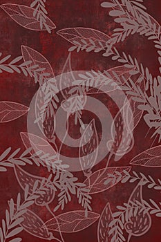 Hand drawn bokeh fern and plant art dyed grunge background with Japanese ink antiqued style background in dark red brown