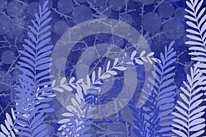 Hand drawn bokeh fern and plant art dyed grunge background with Japanese ink antiqued style background in indigo blue