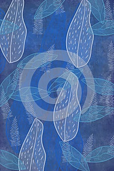 Hand drawn bokeh fern and plant art dyed grunge background with Japanese ink antiqued style background in blue jean and indigo photo