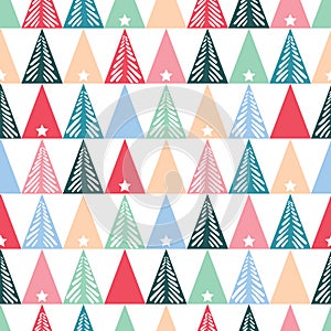 Hand drawn abstract Christmas trees, stars, triangles vector seamless pattern background. Winter Holiday Scandinavian