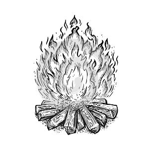 Hand drawn bonfire. Flame and burn firewood, fireplace sketch vector illustration