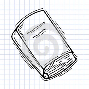 Hand drawn book. Outline icon. Sketch style. Checkered background