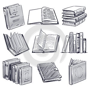 Hand drawn book. Retro sketch engraving monochrome notebooks. Library and bookstore elements, pile of old books vector