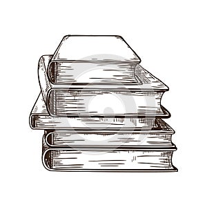 Hand drawn book. Stack of retro textbooks. Hardcover publications. Outline pencil sketch. Library or bookstore template
