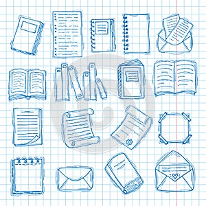 Hand drawn books, documents, notebook and sheets of paper. Blue ink, outline sketch style