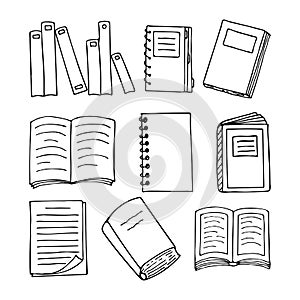 Hand drawn books, documents, notebook and sheets of paper. Library, bookstore