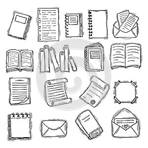 Hand drawn books, documents, notebook and sheets of paper. Sketch. Stationery