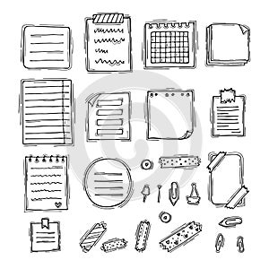 Hand drawn books, documents, notebook and sheets of paper. Stationery. Sketch style