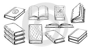 Hand drawn books. Open and closed notebooks. Library or bookstore sketch elements different side view, education and