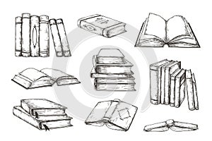 Hand drawn books. Retro engraved pile and stack of different books, educational illustration for story or novel. Vector