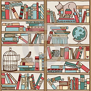 Hand drawn bookshelf with sleeping cat & birdcage