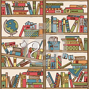 Hand drawn bookshelf with sleeping cat & travel books