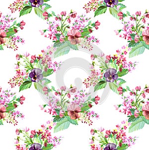 Hand-drawn botanical background with spring pansies and small flowers in retro style