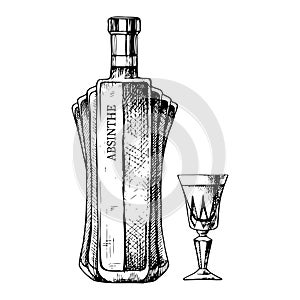 Hand drawn bottle and glass of absinthe. Vector beverage illustration, ink sketch