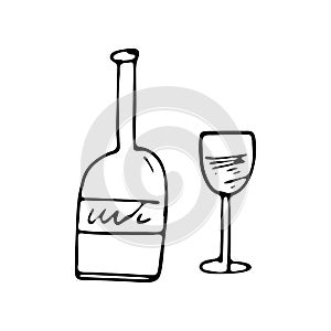Hand drawn bottle and glass doodle icon. Hand drawn black sketch