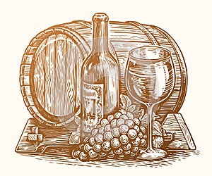 Hand drawn bottle and glass of wine, barrel. Winery sketch vintage vector illustration