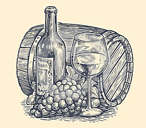 Hand drawn bottle and glass of wine. Winery sketch. Winemaking vintage vector illustration