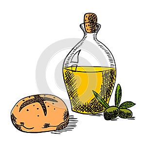 Hand drawn bottle of olive oil and a baked bread
