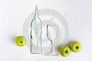 Hand drawn bottle of water with full glass and apples