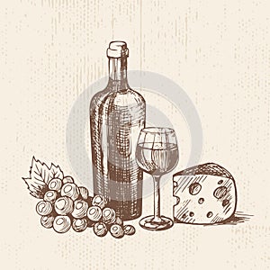 Hand drawn bottle of wine with a glass, bunch of grapes and piece of cheese. Vector sketch, organic food illustration