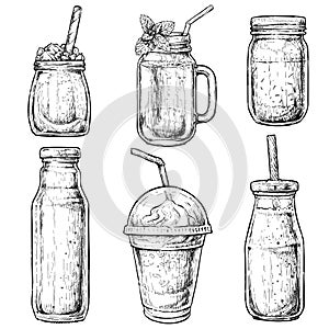 Hand drawn bottles and containers for smoothies. Fresh beverage for healthy life, diets. Vector illustration for greeting cards, m