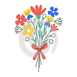 Hand drawn Bouquet of flowers. Simple botanical element. Color flat vector illustration isolated on a white background.