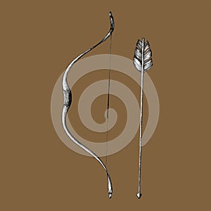 Hand drawn bow and arrow isolated on background