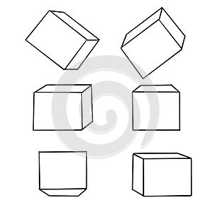 Hand drawn box mockup. Blank packaging boxes, cube perspective view and product package mockups doodle