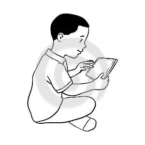 Hand drawn Boy holding Tablet-Vector Illustration