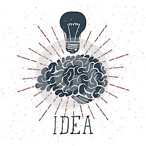 Hand Drawn Brain with Idea Lettering and Light Bulb. Vector