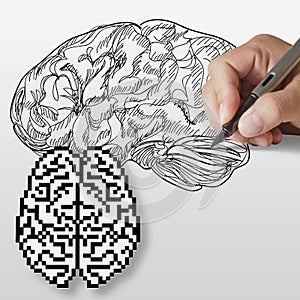 Hand drawn brain and pixel brain icon