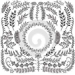 Hand drawn branches with leaves. Decorative floral wreath border frames. Rustic doodle vector set