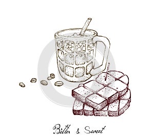 Hand Drawn of Bread Toast and Iced Coffee