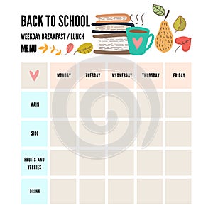 Hand drawn breakfast food and icons doodle set. School lunch menu.