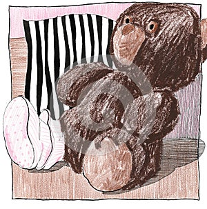Hand drawn Brown Teddy Bear on black and white striped background