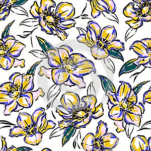 Hand drawn brush sketche Blooming floral background. Botanical seamless pattern vector illustration,Design for fashion , fabric,