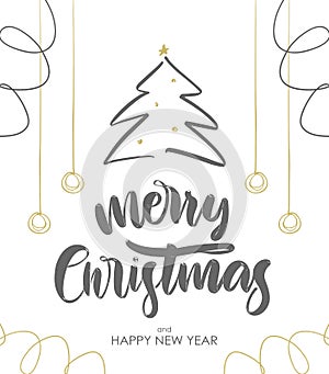 Hand drawn brush type lettering of Merry Christmas with Christmas tree and decoration on white background