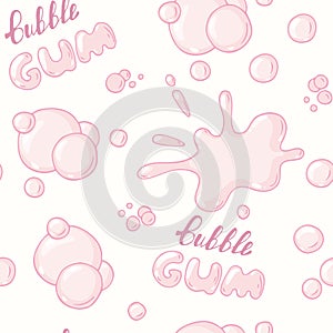 Hand drawn bubblegum seamless pattern. Bubble gum handwritten sign. Pink background