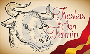 Hand Drawn of a Bull and Spain Flag for Sanfermines, Vector Illustration photo