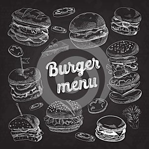 Hand Drawn Burgers on Blackboard. Fast Food Menu with Cheeseburger, Sandwich and Hamburger