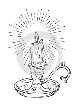 Hand drawn burning candle in vintage candlestick with rays of light vector illustration